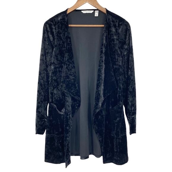 DENIM & CO CANYON RETREAT NWOT Crushed Velvet Draped Collar Cardigan Black XXS - Picture 2 of 7